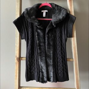 Black Sweater Vest with Faux Fur Collar